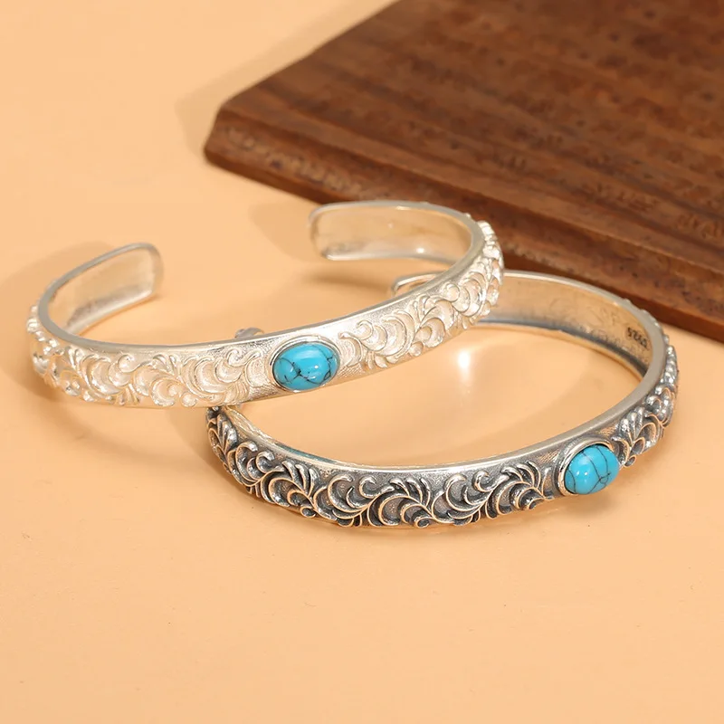 S925 sterling silver jewelry men and women stylish rattan pattern turquoise opening bracelet thai silver retrofashion bracelet