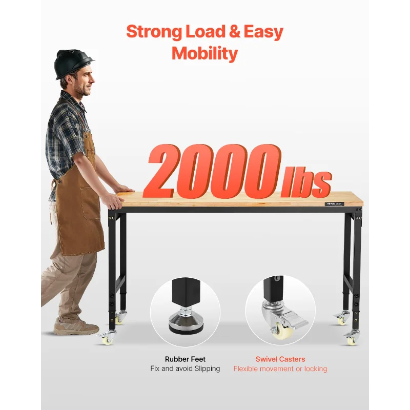 VEVOR Bancada de trabalho ajustável de 60 polegadas, carga de 2.000 libras, banco de trabalho com tomada de energia, rodas e pegboard, madeira de carvalho resistente