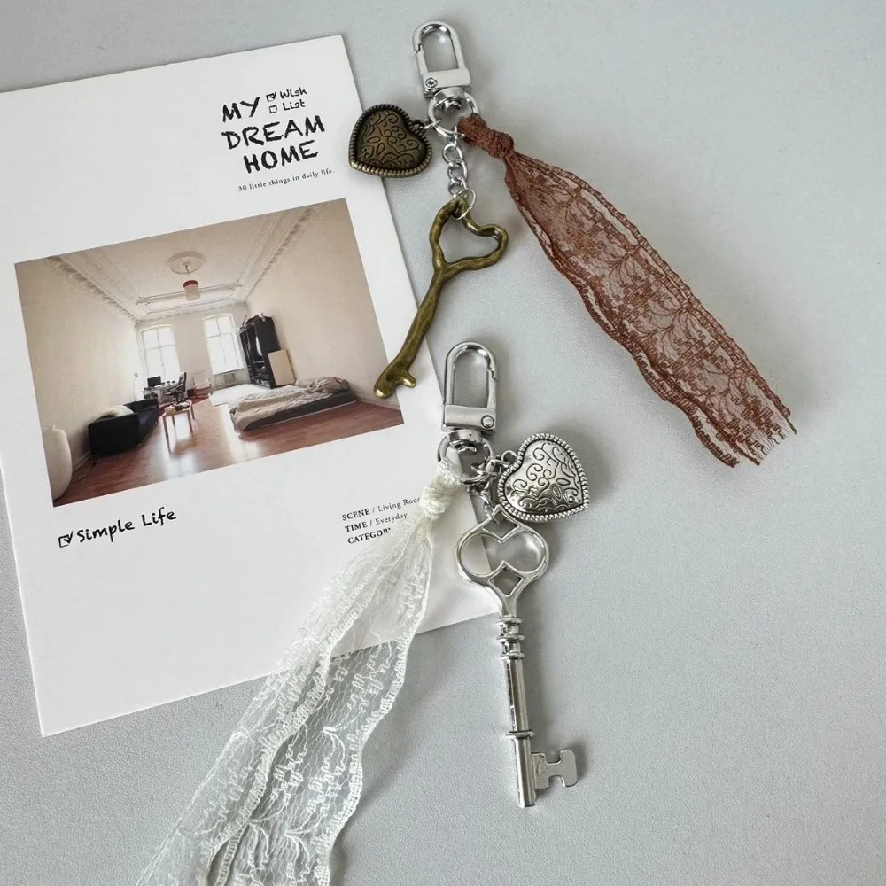 Ins نمط الدانتيل على شكل قلب نمط مفتاح الكرز سلسلة مفاتيح مرآة الرجعية Y2k لطيف تنوعا حقيبة معلقة الديكور المفاتيح