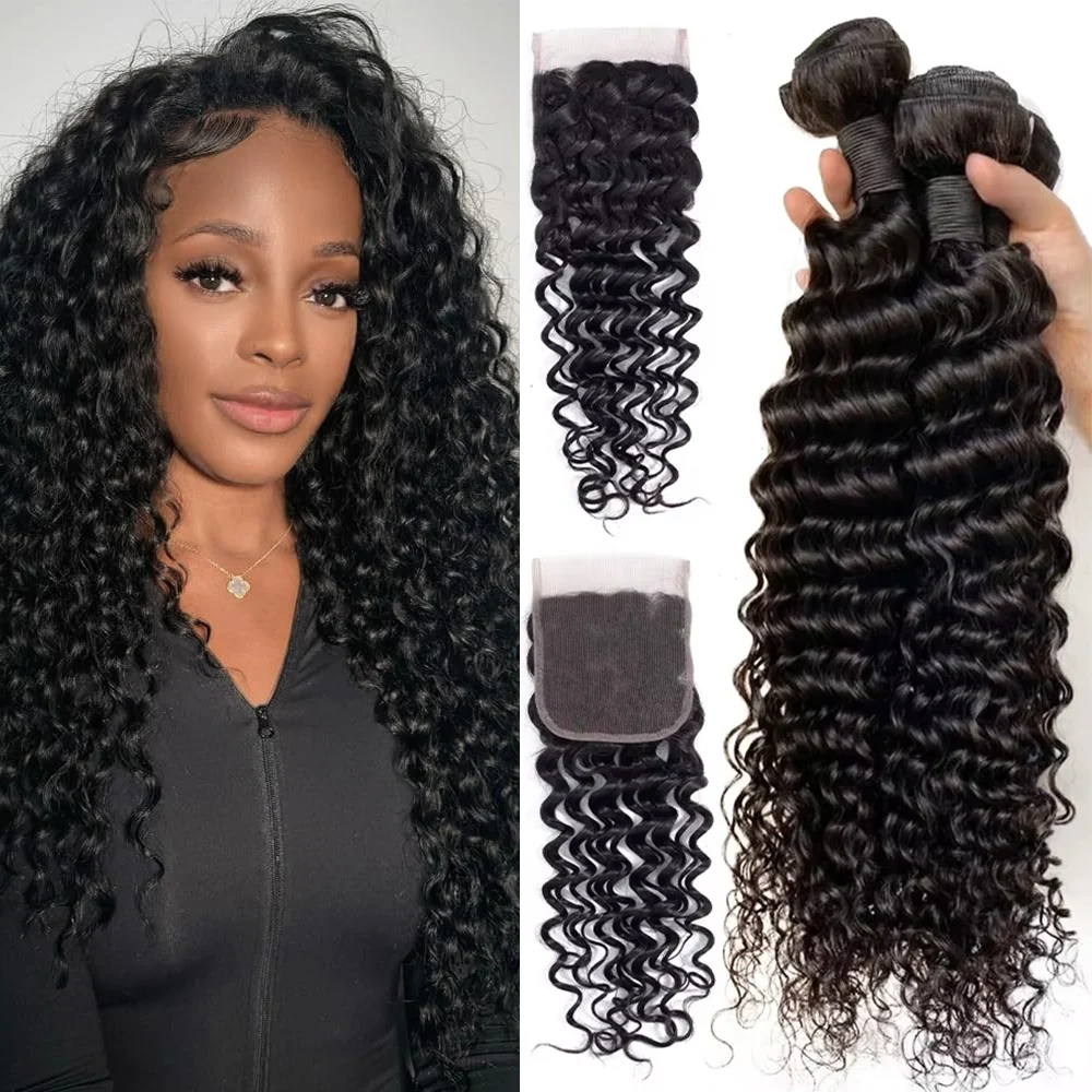 Deep Wave Human Hair Bundles with 4x4 Closure Deep Wave Bundles Human Hair Bundles and Closure Full and Soft 3-7 Days Delivery