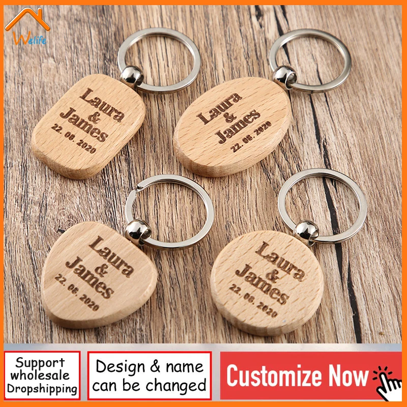 

2024 Our First Christmas Gift Custom Wooden Keychain Raw Wood Ornament Personalized Engraved Keyring for Men Women