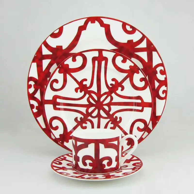 Red Grid Dinner Plates, Bone China, Spanish Tea Cup Saucer, Food Plates, Salad Trays, Dessert Dish, Home Kitchen Tableware