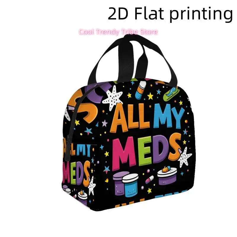 

1pc "All My Meds" Colorful Pills and Stars on Black Background | Printed Insulated Cooler Bag - Reusable Portable Hot Cold Bag f