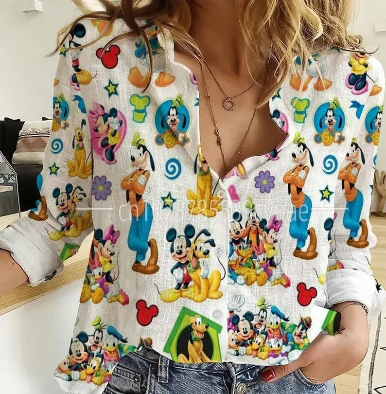 Disney Mickey Mouse Hawaiian Shirt Women's land Short Sleeve Button Up Shirt Casual Fashion y2k Beach Shirt Vintage Tops