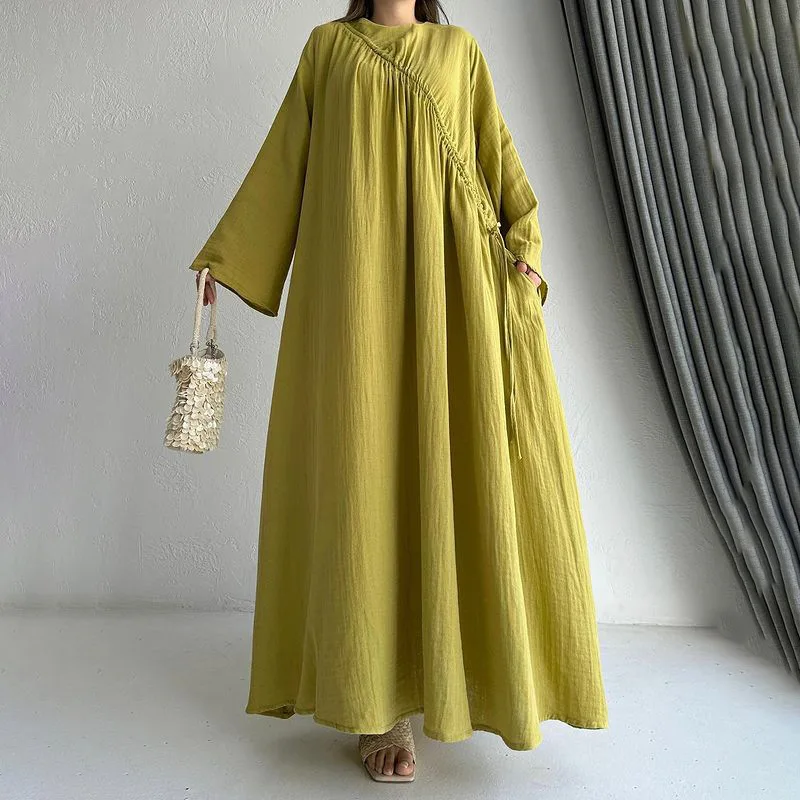 

Distressed Dress O Neck Flare Sleeve Spliced Draw String Casual Dresses Ankle Length Vestidos Loose Autumn Women Clothing