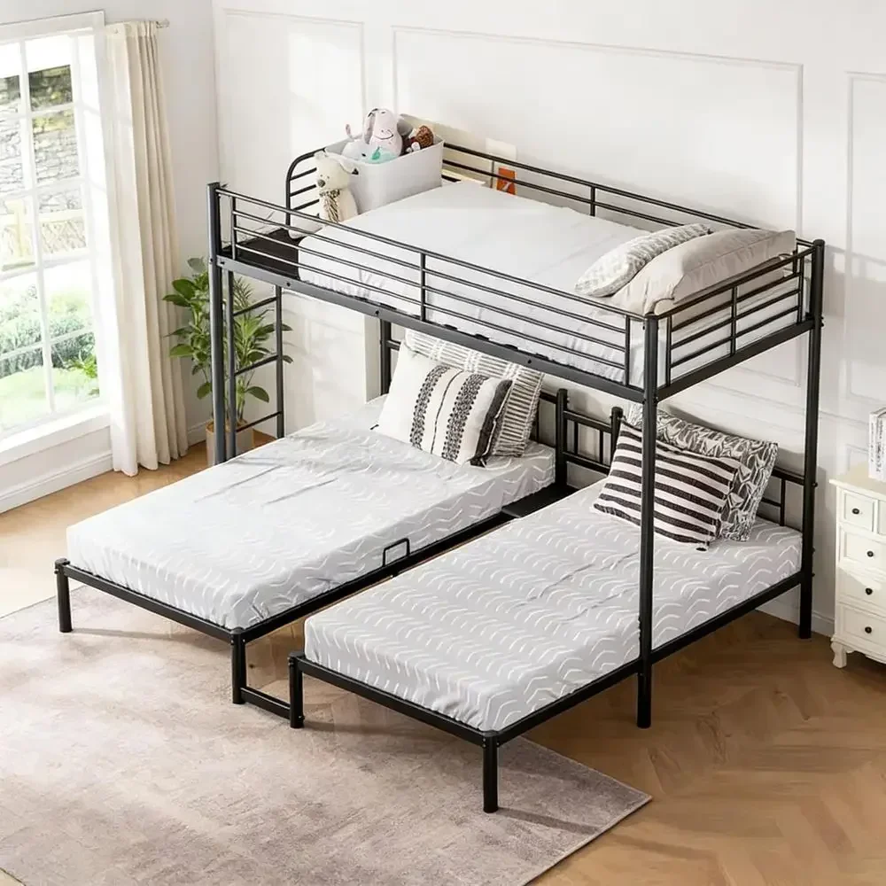 Sturdy Triple Bunk Bed with Twin XL, Twin, Twin, Desk, Safety Rails, Ladder, and Storage