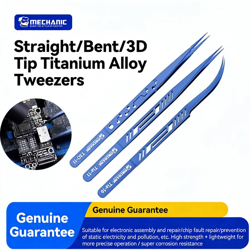 MECHANIC Tia-11/16 Titanium Alloy Tweezers 3D Curved Straight Tip Anti-Corrosion ESD Safe Precision IC Phone PCB Repair Tool Kit