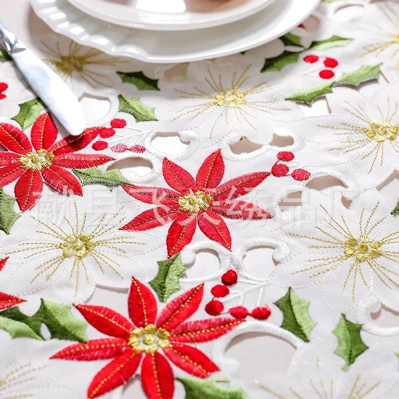 Elegant Satin Embroidery Christmas Bed Table Runner Lace Tablecloth For Wedding Party Decoration Vintage Floral Home Decor