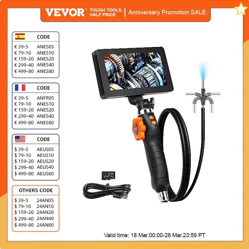 

VEVOR Articulating Borescope Camera with Light Two-Way Articulated Endoscope Inspection Camera1080P HD for Automotive Plumbing