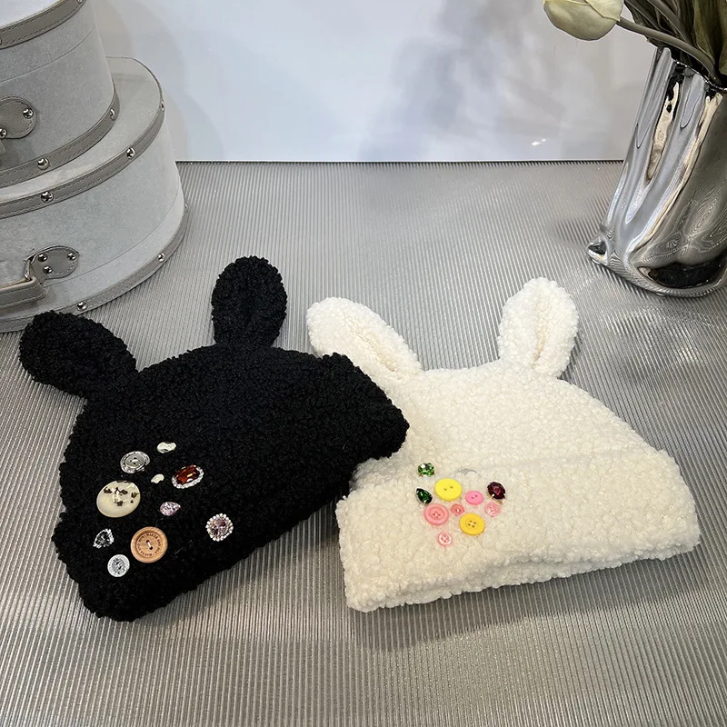 Women's Coloured Diamond Autumn-Winter Knitted Hat Woolly Beanie with 3D Rabbit Ears Stylish Ear-Warming Cold-Weather Hat