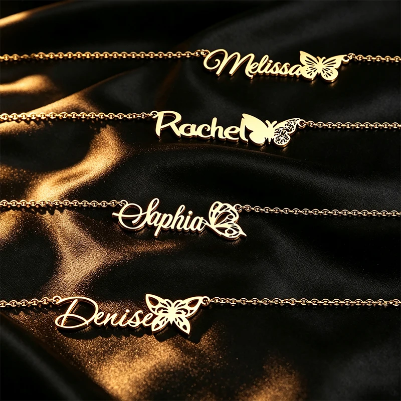 Collier pendentif personnalisé en acier inoxydable avec nom de papillon pour femme, collier ras du cou personnalisé pour mariage, anniversaire, bijoux