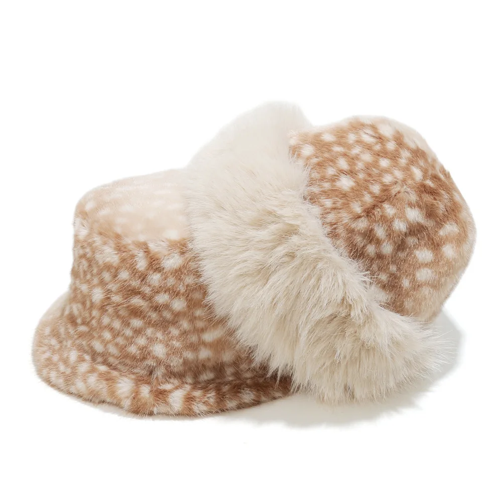 Y2K Cute Deer Spot Plush Bucket Hat Women Winter Fluffy Faux Fur Fisherman Hat Warm Fashion Bear Ear Caps