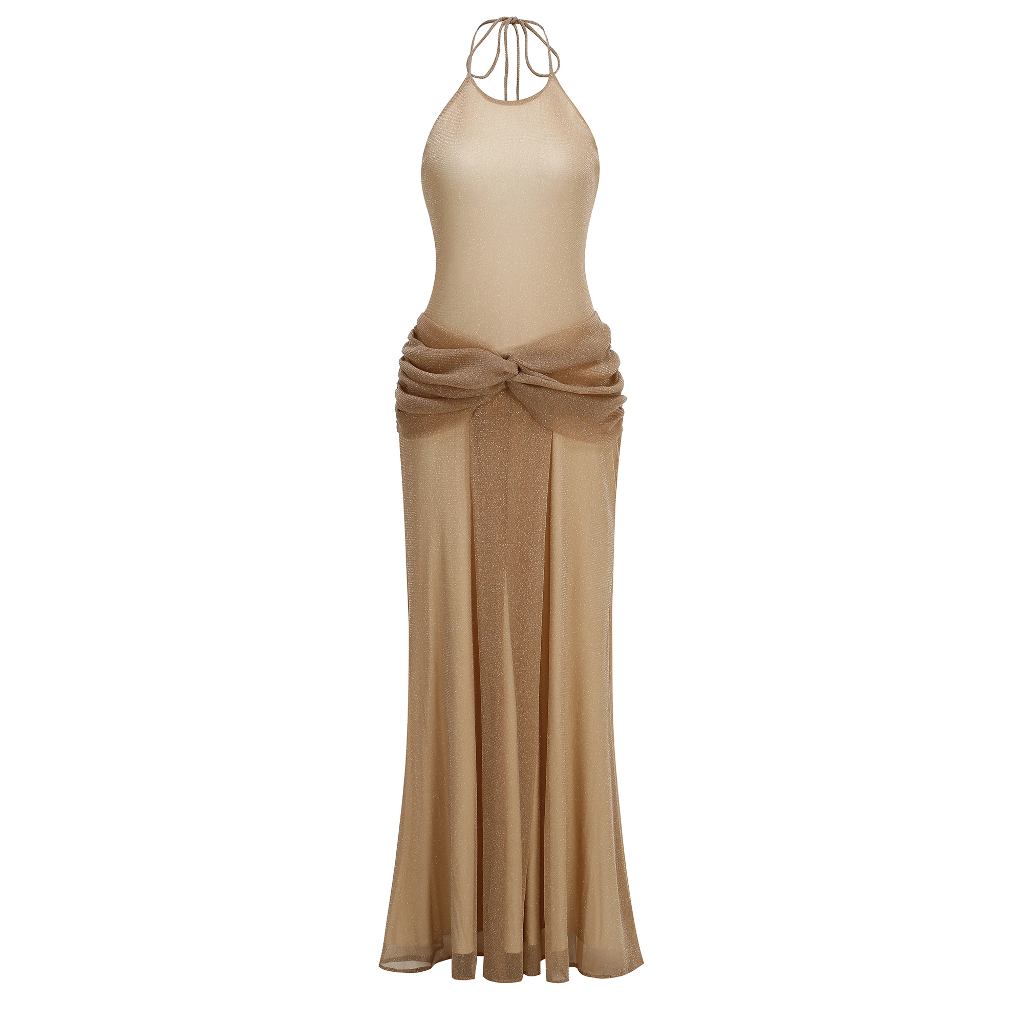 

Kaki Color Sexy Backless Neck Hanging Long Dress for Date Party Wedding Performance Knitted Fabric Zipper Style Loose Waist
