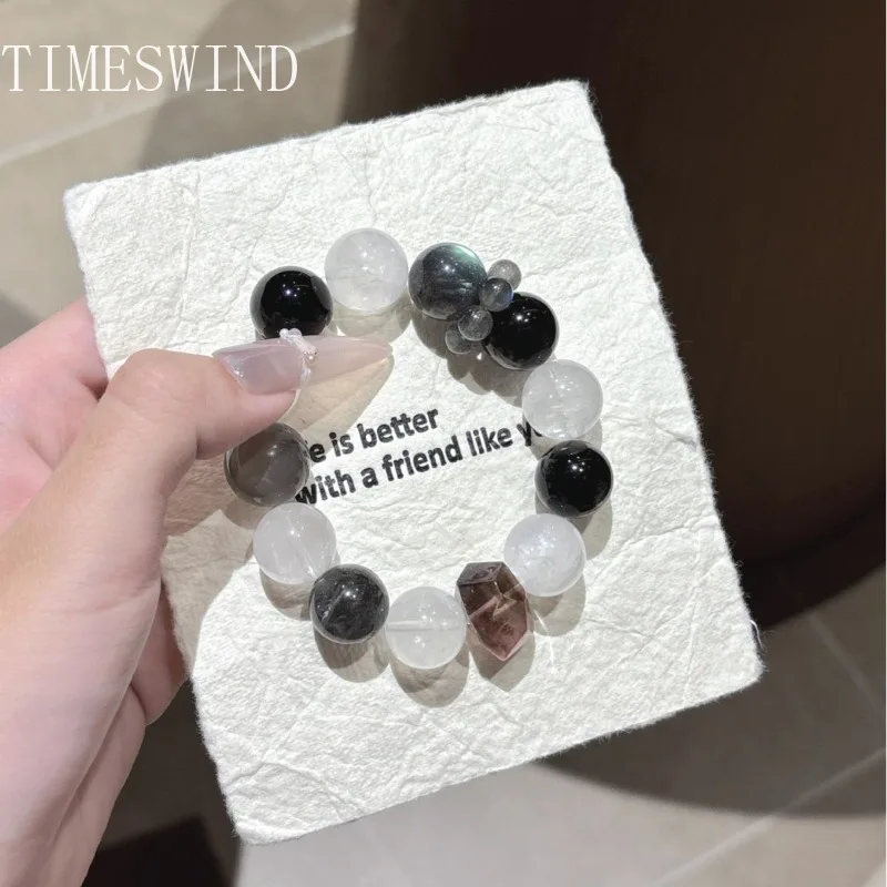 

TIMESWIND оригинальный женский браслет из натурального обсидиана с белыми кристаллами и бисером с сертификатом и сертификатом