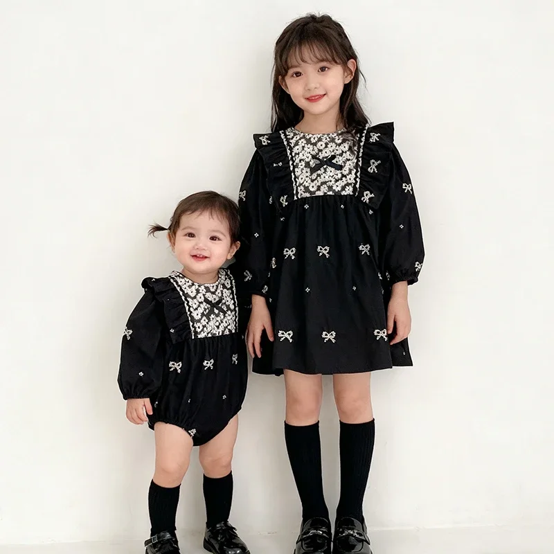 2025 New Autumn Kids Princess Dresses 2-6Yrs Girl Party Dress Long Sleeved Cotton Embroidery Baby Girl Romper Sister Dress