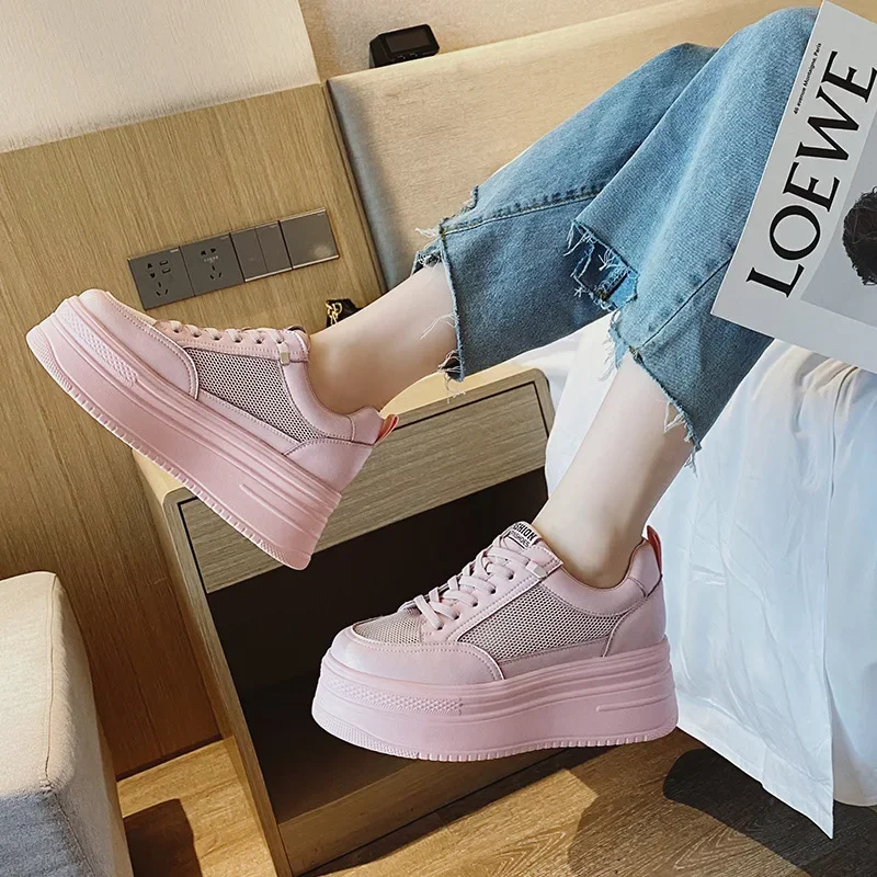 Maogu 2023 Woman Leisure Shoes Spring White Genuine Leather Women Casual Shoes Chunky Sneakers Platform Wedge 8cm Hidden Heel 34