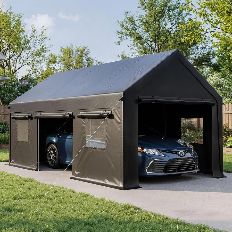 20X12 Feet Heavy Duty Carport For Outdoor Use, Polyethylene Fabric, Gray, UV-Resistant And Waterproof