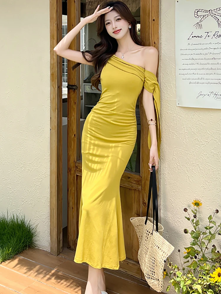 Women Purple Knitted Chic Diagonal Collar Sexy Long Dress Summer Elegant Luxury Prom Dress 2025 Korean Bodycon Party Night Dress