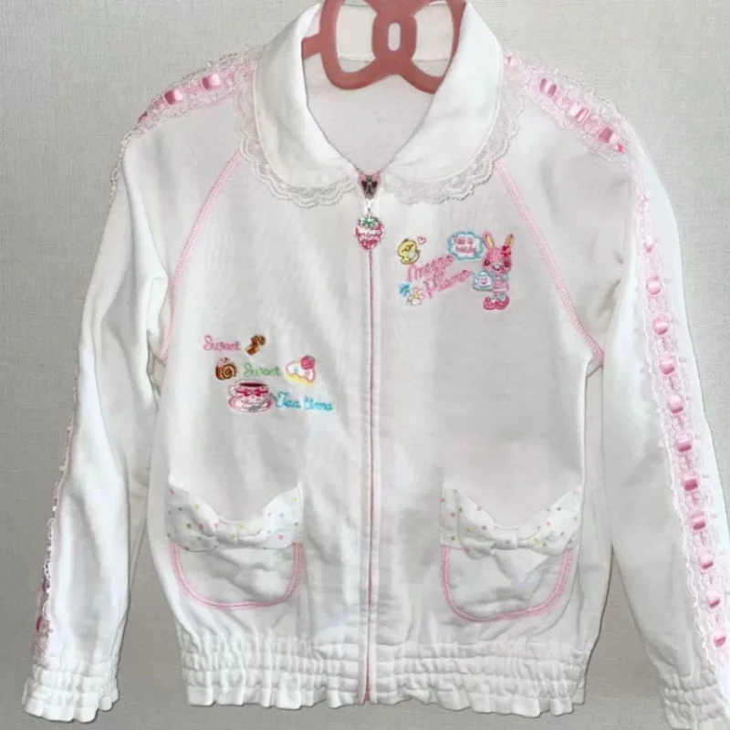 Manteau brodé de dessin animé japonais Kawaii pour femmes, Y2K, esthétique pour filles, doux, ample, vêtements d'extérieur, dentelle, Patchwork, mignon, veste avec nœud de poche