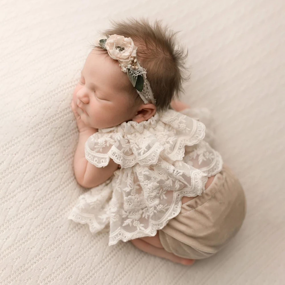 Newborn Photography Props Baby Girl White Lace Ruffle Romper Infant Photo Shoot Outfit Newborn Lace Dress Back Bow
