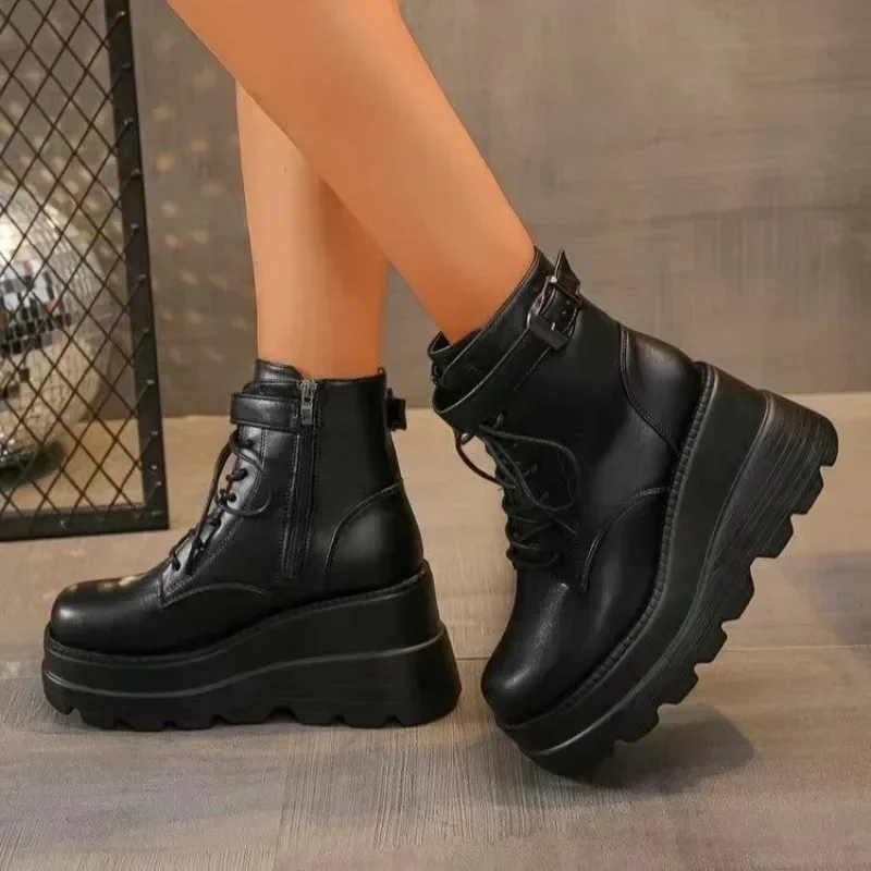 Women's Shoes on Sale 2024 Ankle Women's Boots High Heel Modern Boots Women Side Zip Round Toe Front Lace-up Wedge Female Shoes