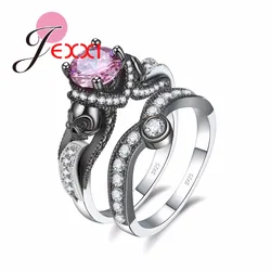 Luxury Promise Ring Sets with Micro CZ Zircon Pave 925 Sterling Silver for Women Cool Skull Ring Sets Fashion Jewelry