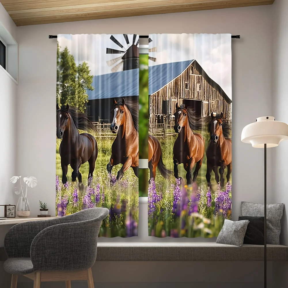 Rustic Farmhouse Horse Curtain Window Drapes Lavender Meadow Countryside Equestrian Barn Style Curtains for Living Room Bedroom