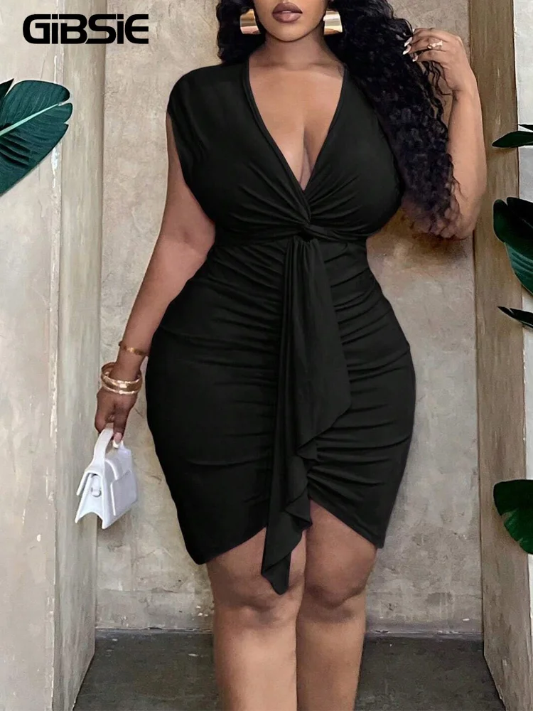

GIBSIE Plus Size Black Front Twist Deep V-Neck Sexy Dress 2025 Summer Women Fashion Club Party Elegant Hip Wrap Short Dresses