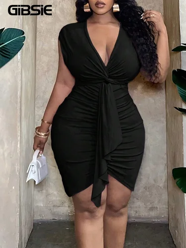 Imagen 1 del producto GIBSIE, vestido Sexy de talla grande con cuello en V profundo y giro frontal negro, moda de verano 2025, vestidos cortos elegantes para fiesta y discoteca para mujer