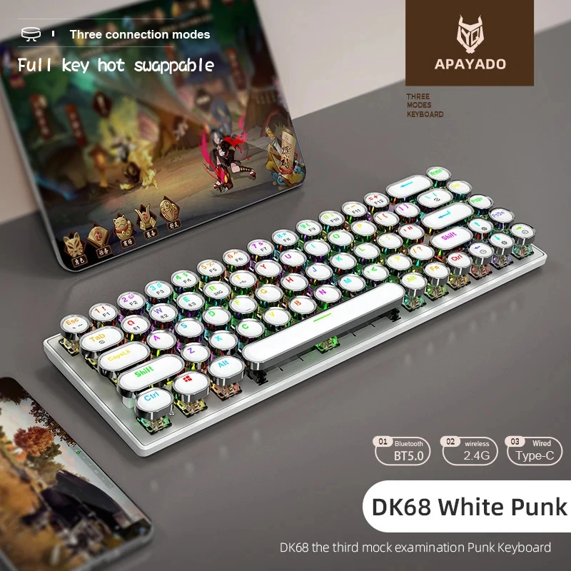 Punk Mechanical Keyboard 2.4G Bluetooth Wireless Type C Wired Tri-Mode RGB Backlit 68Keys Keypad Blue Axis Keyboard Universal
