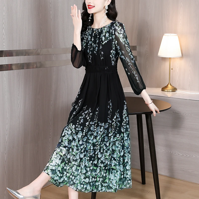 2023 Spring/Summer O-Neck Printed Silk Bubble Sleeves Large Size Dress for Women's Bohemian Loose Waist Slim Knee Length Skirt