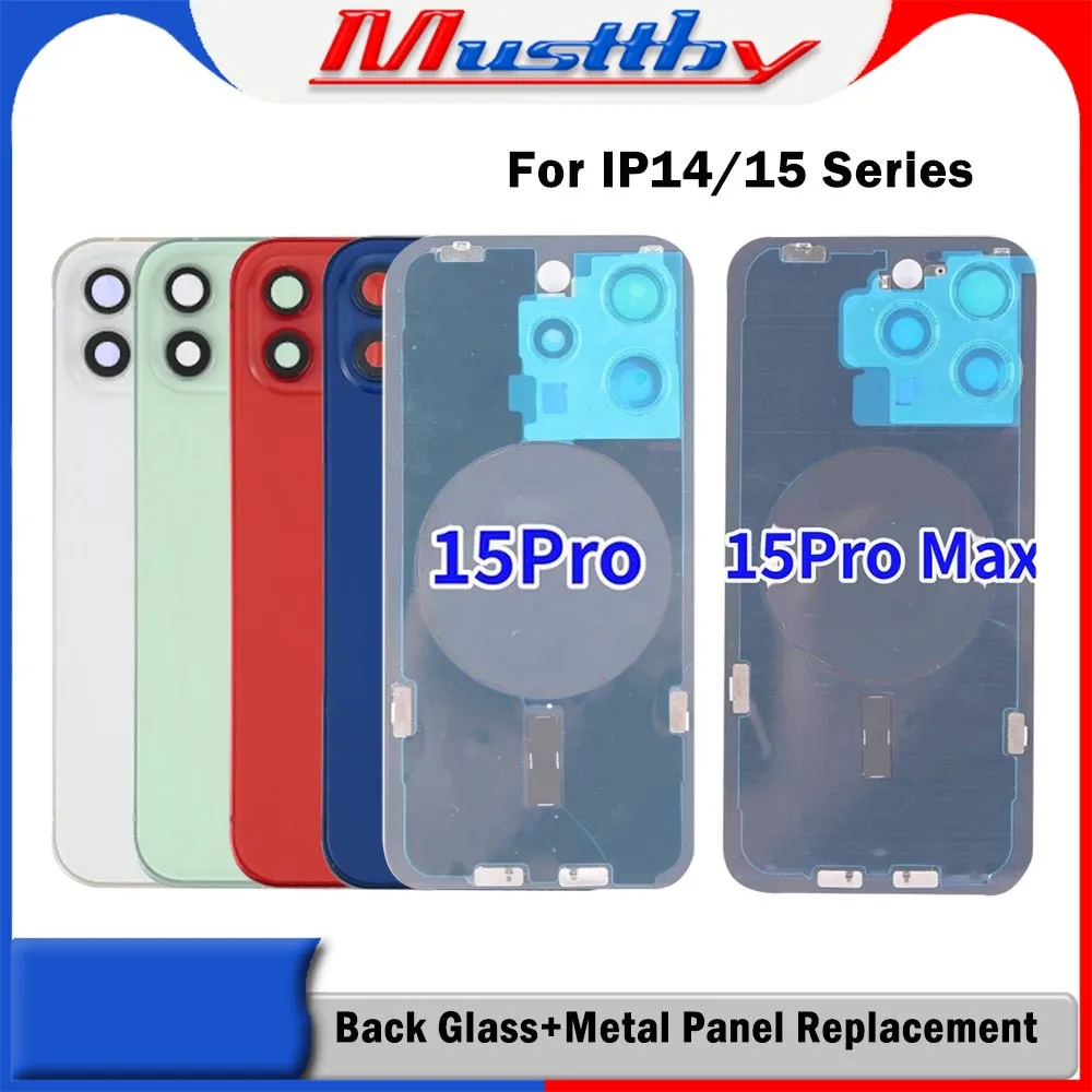 Musttby 1pc For iPhone 15 pro max 15pro 14pro Back Glass Assembly+ Metal Frame Camera Lens Shield Rear Battey Door Replacement