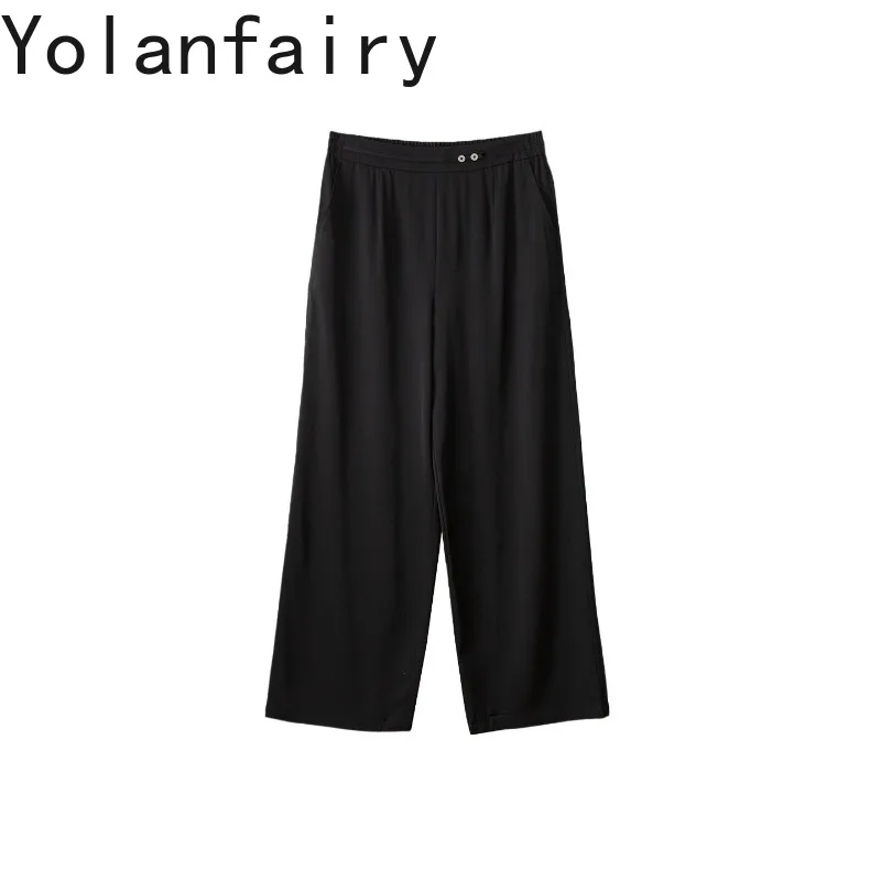 YOLANFAIRY 28 Momme Heavyweight 90% Mulberry Silk Pants Women Half Elastic Waist Straight Wide Leg Pants Casual Long Trousers