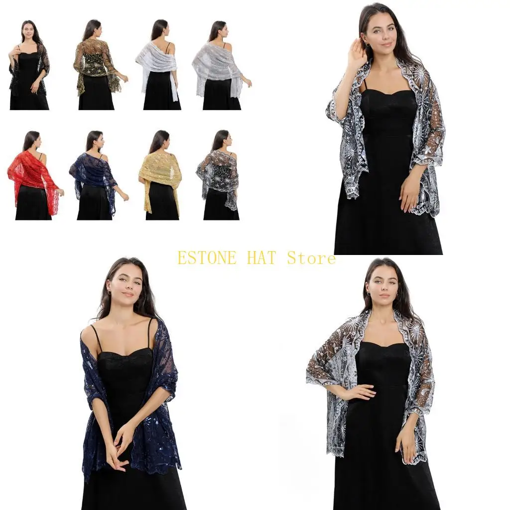 49MF Embroidery Scarfs for Hot Summer Embroidery Shawl with Sequins Decor for Ladies Mother Wedding Party Sunproof Supplies
