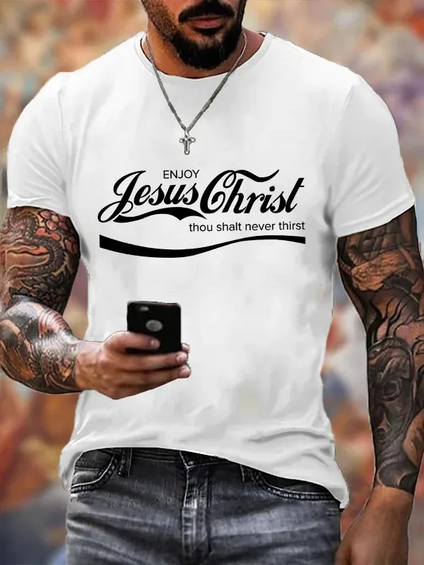 T-shirt à col rond pour homme, coton, texte et lettres, profiter de Jésus-Christ, décontracté