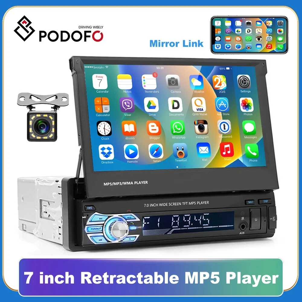 

Podofo 1 din Car radio MP5 Player GPS Navigation Multimedia In-dash stereo Bluetooth 7" HD Retractable Autoradio AUX-IN /FM