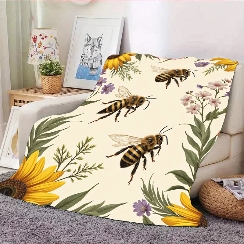 1 coperta in flanella con stampa di api e motivi floreali per un accogliente arredamento per la casa