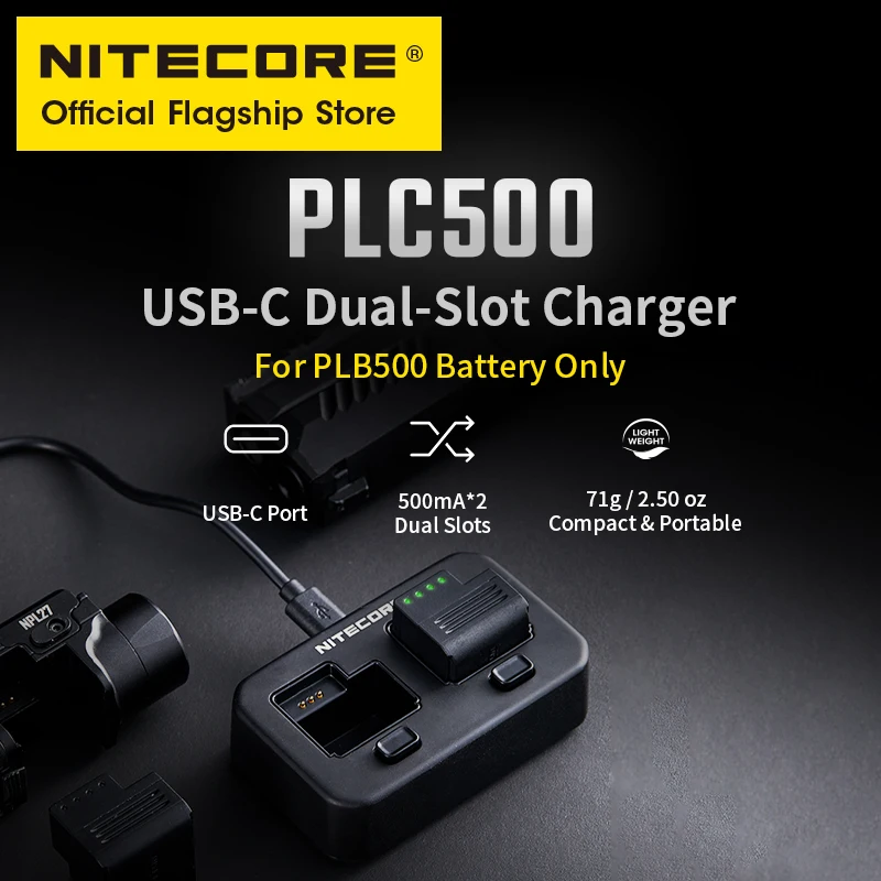 

NITECORE PLC500 USB-C Зарядное устройство с двумя слотами, выход 71 г, 500 мА для аккумулятора PLB500