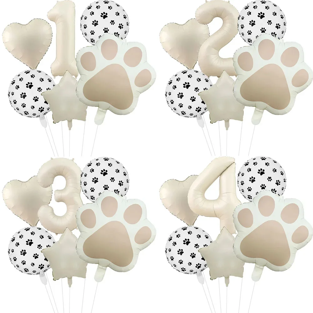 6pcs Animal Let's Pawty Dog Cat Paw Aluminum Balloon 32 inch Cream Number Birthday Party Decor Balloon Baby Shower Supplies