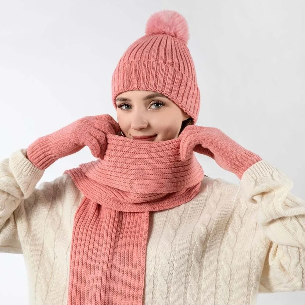 ヤムルケ弾性スカーフと帽子セットタッチスクリーンウォーマーミトン防寒手袋ストライプ厚みのあるプルオーバーキャップ女性用