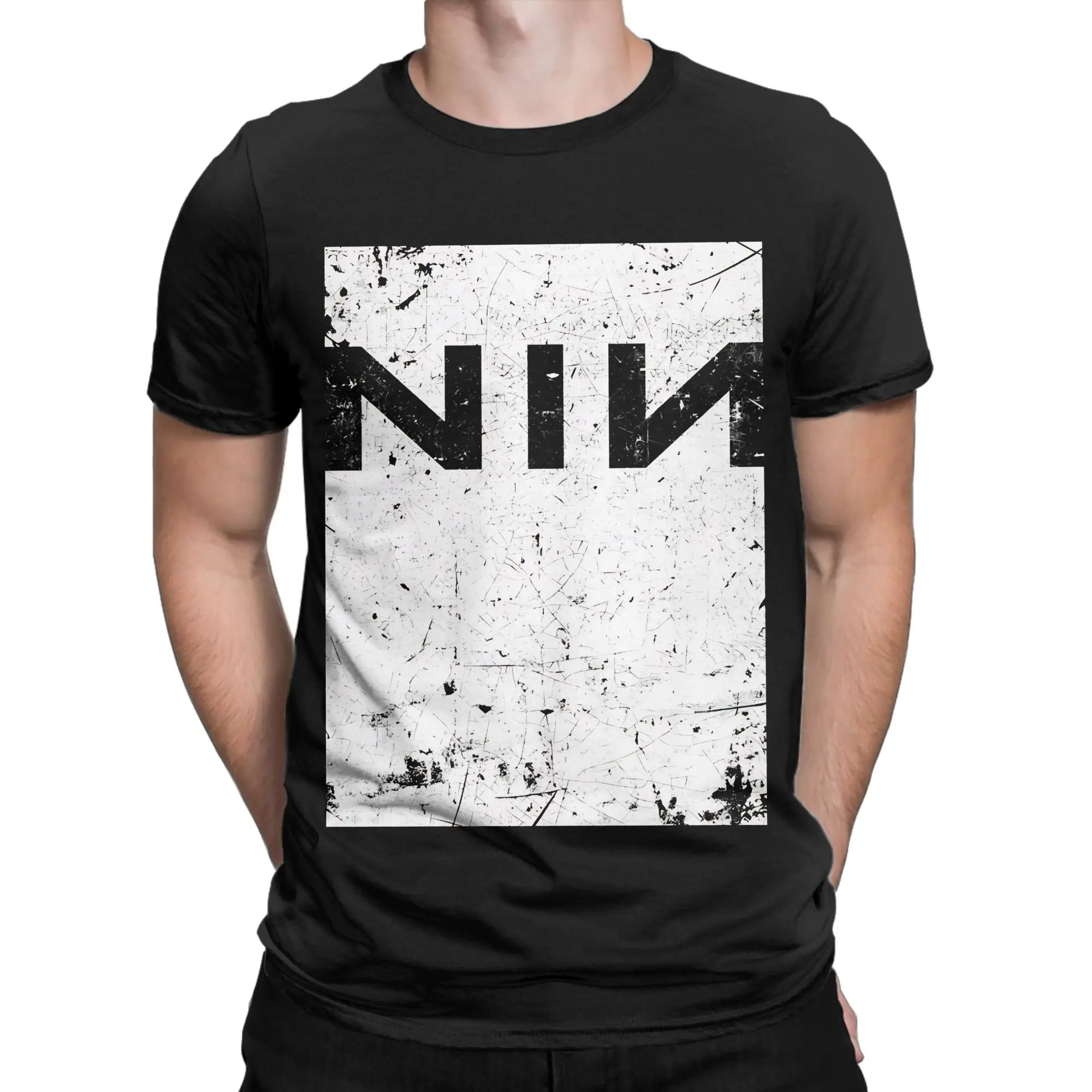 Cracked Texture Surface With Bold Black Letters Classic Novelty 100% Cotton T-Shirt Nine Inch Nails NIN Tops Tees For Men