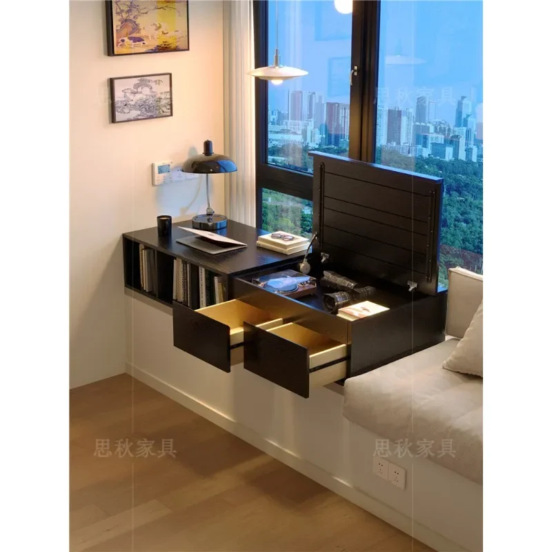Solid wood bay window desk with drawer storage cabinet integrated black computer desk bedroom home window sill writing desk