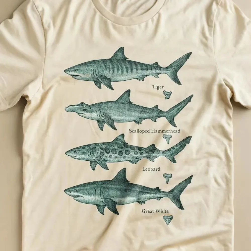 Shark Species T-Shirt Vintage Style Marine Biology Men T-Shirt Featuring Natural Tiger Shark Hammerhead Shark and Leopard Shark