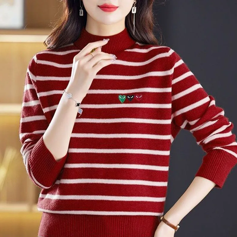 New Autumn/Winter Fashion Korean Edition Lazy Striped Half High Neck Loose and Versatile Western Style Slimming Knitted Sweater