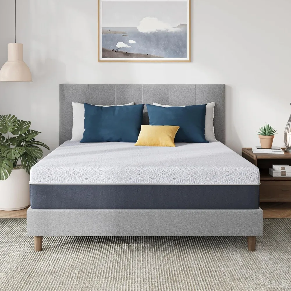 10インチクイーンマットレス、チャコール冷却ジェルメモリーフォームマットレス（箱入り）、グラスファイバー不使用、背中のサポートに適したミディアム硬度マットレス