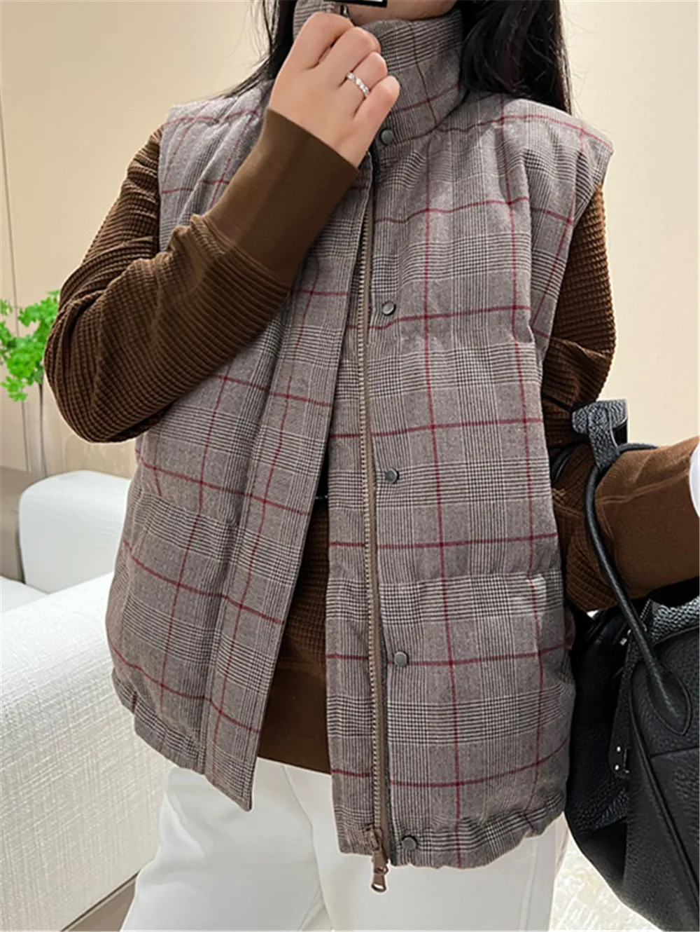 B*C Women\'s Wool Check Goose Down Vest Winter Stand Collar Zipper Jacket Waistcoat Female Clothing