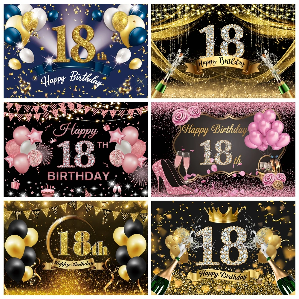 

Happy 18th Birthday Backdrop Gold Glitter Balloon Boys Girls 18 Years Old Birthday Party Photography Background Photo Studio