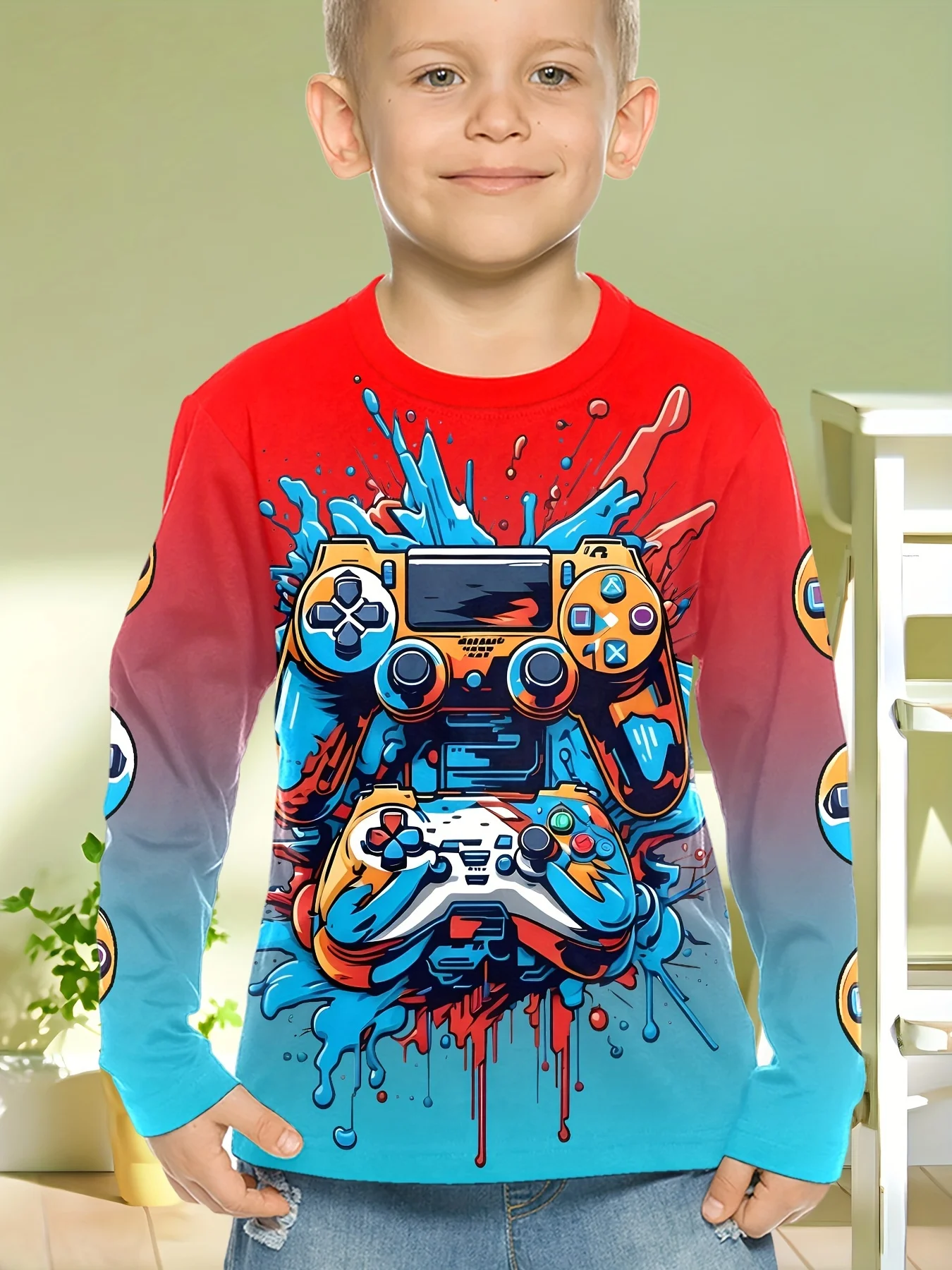 Kinderkleidung Jungen T-Shirt Langarm Cool Gamepad Muster Druck Kinder Frühling Herbst Kleidung Neuheit Jungenkleidung O-Ausschnitt Tops – Detail 9