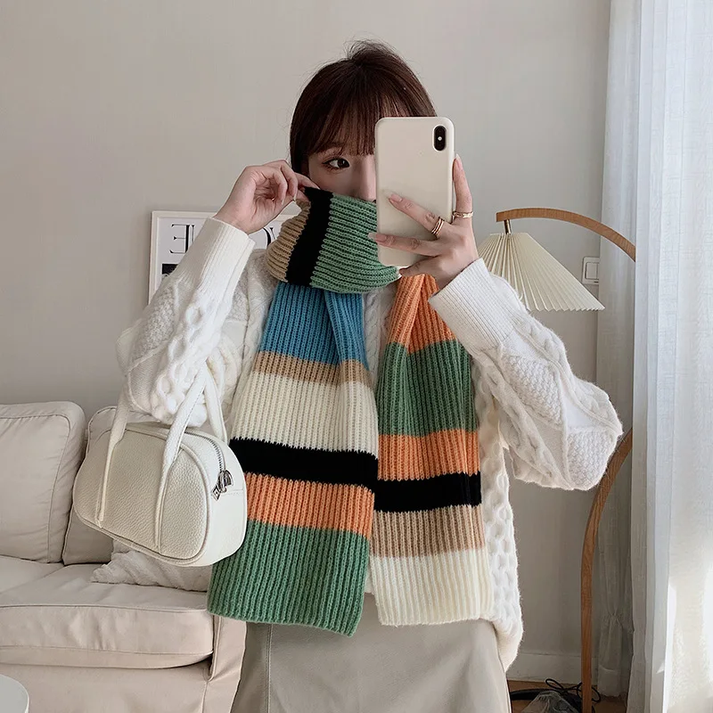 Winter Contrast Color Rainbow Knitted Striped Scarf Korean Outside Cold-proof Men and Women Couple Scarf Luxury Designer Hijab