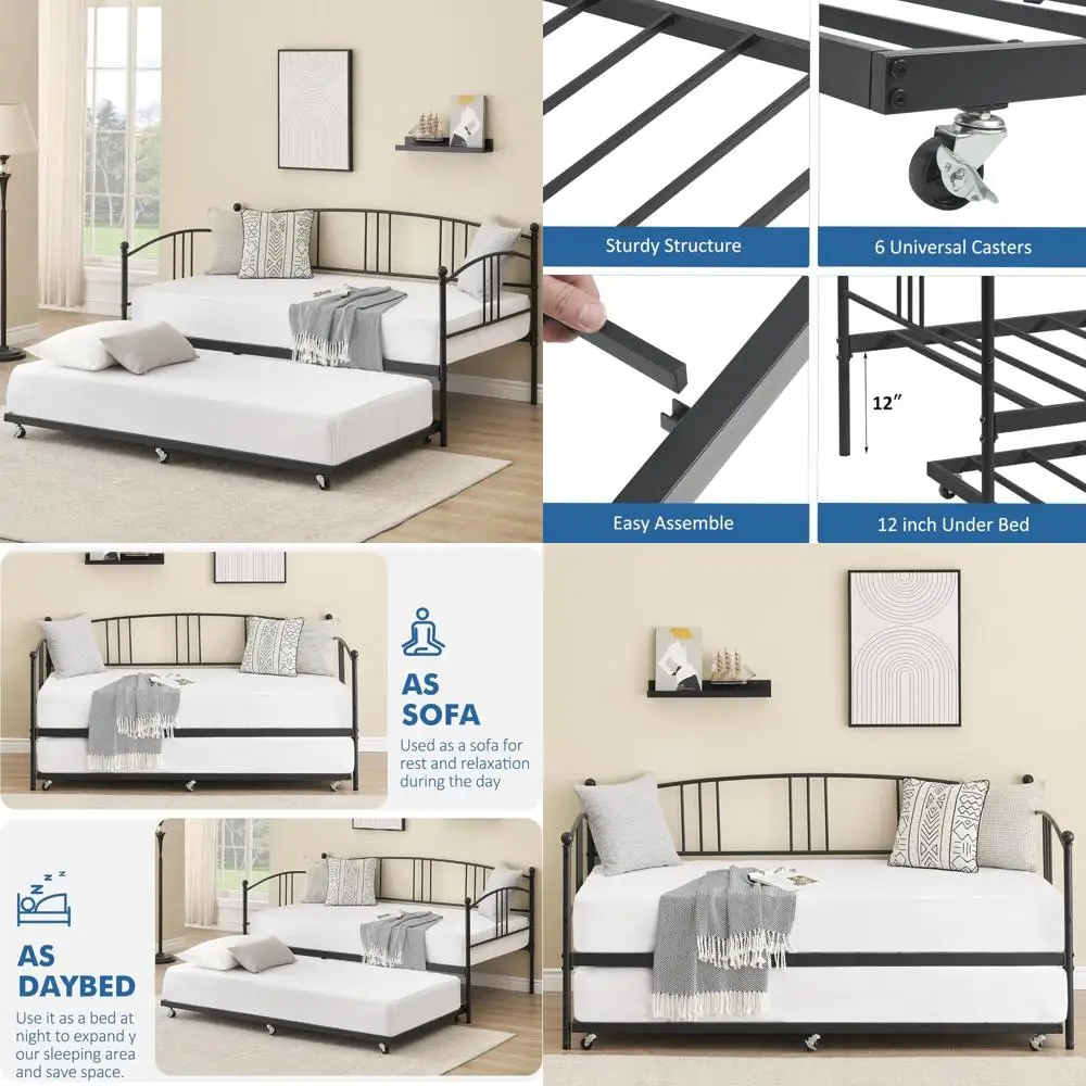 IDEALHOUSE Daybed with Trundle, Metal Twin Size Day Bed, Trundle Bed Twin with Heavy Duty Steel Slats Platform for Living Room,